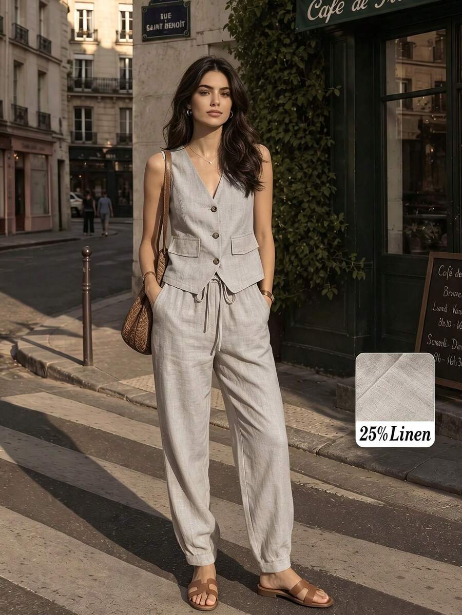 Women's Casual Linen Suit Vest And Pants Set, Spring/Summer - Light Grey - View 1