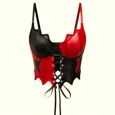 PU Print Fishbone Corset Top, Sexy Lace-Up Halter Bustier For Women, Punk Streetwear