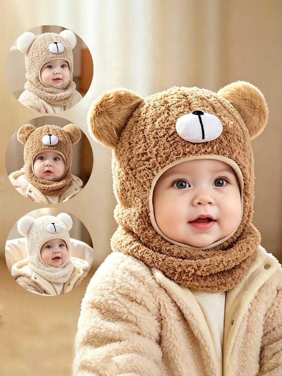 Baby Hat Scarf One-Piece Autumn/Winter Infant Hooded Hat Unisex Ear Protection Mask Pullover Hat - Multicolor - View 1
