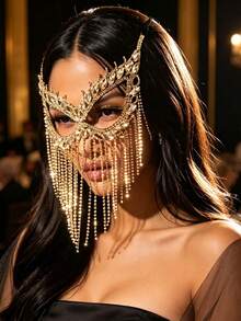 Multilayer Tassel Rhinestone Mask, Glamorous Jewelry Accessory For Women At Banquet And Ball - Gold - View 5