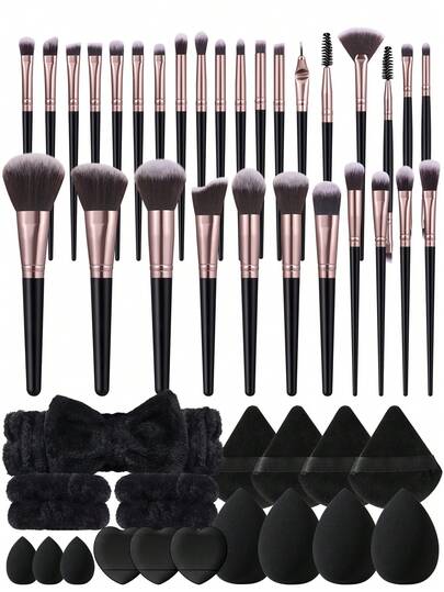 3/8/47Rose Gold BlackComplete Makeup Accessory Set,30Pcs Professional Face Eye Makeup Brushes,Soft Blending Sponges,Various Powder Puffs,Plush Hairband & Wristbands,Synthetic Cosmetic Tools For Foundation Concealer Powder For Daily Makeup Application