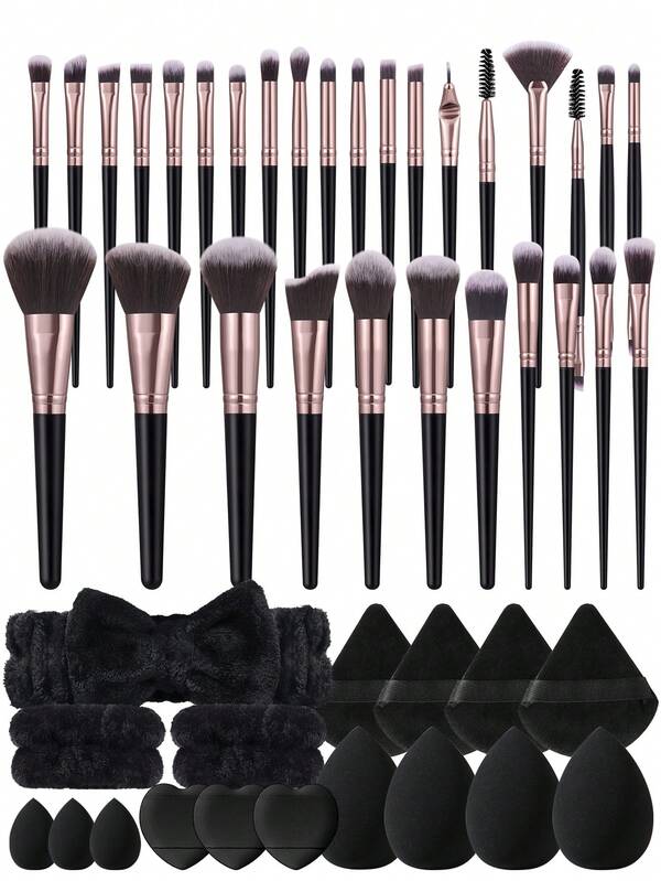 3/8/47Rose Gold BlackComplete Makeup Accessory Set,30Pcs Professional Face Eye Makeup Brushes,Soft Blending Sponges,Various Powder Puffs,Plush Hairband & Wristbands,Synthetic Cosmetic Tools For Foundation Concealer Powder For Daily Makeup Application