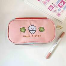 Japanese Style Fresh Cat Embroidery Pencil Case, Light Green And Soft Pink Dual Color Options, Cat And Clover Embroidery With Contrast Color, Soft And Healing. Large Capacity Multi-Compartment Design, Can Store Stationery, Cosmetics And Cards/Cameras, Dual Zipper Opening Convenient, Durable And Wear-Resistant Fabric, Suitable For Student Learning, Daily Makeup And More, Fresh And Practical Good Item. - Single Piece - View 3