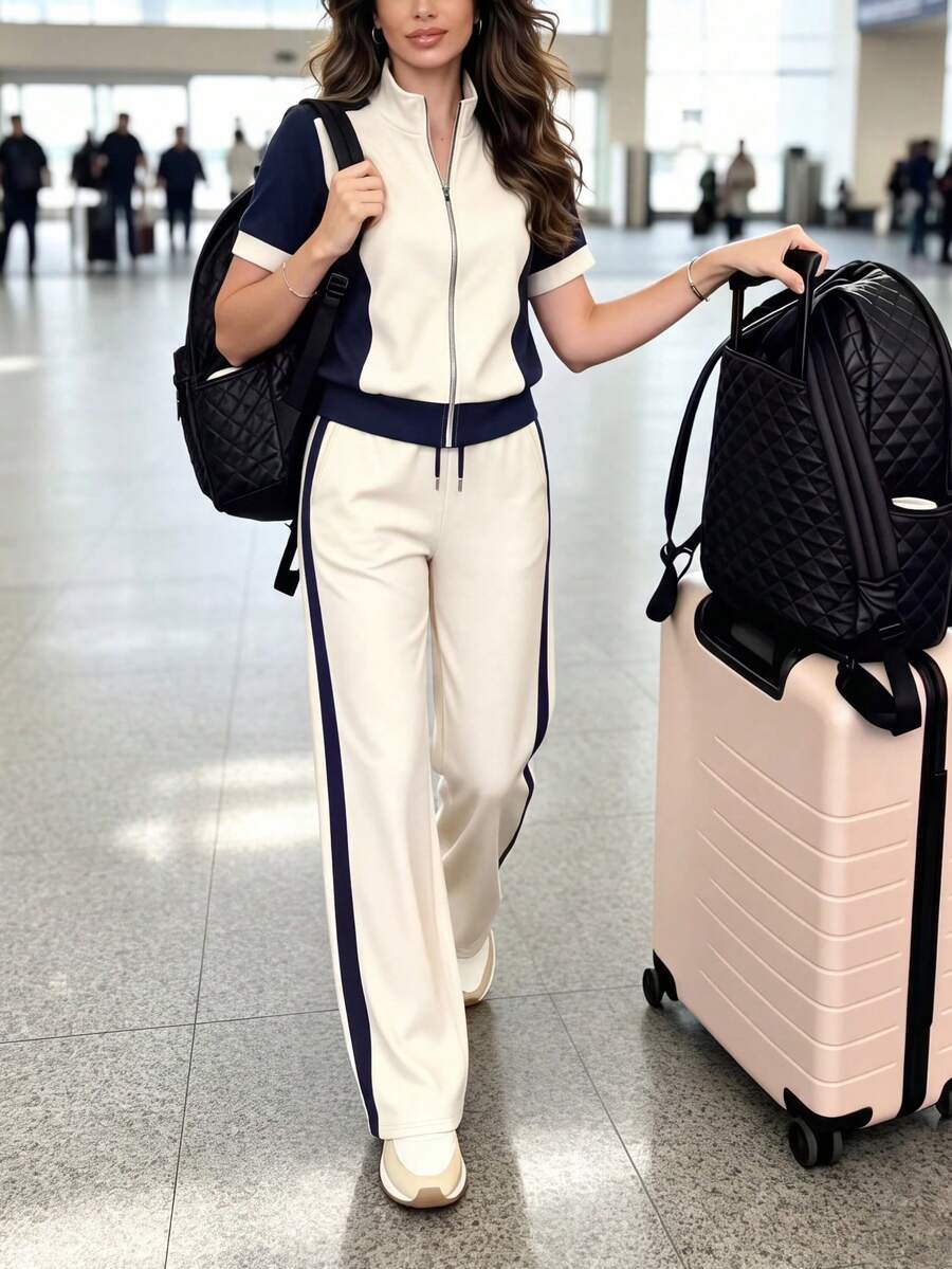 春夏秋女款新款休閒百搭撞色學院風翻領短袖上衣,搭配高腰寬鬆直筒長褲,優雅顯高 - 杏色+藏青 - 查看 1