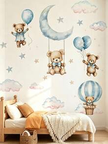 2 Styles Kids Room Wall Decals, Bear Balloon Moon Stickers And Space Astronaut Rocket Stickers, Home Decor, Boys Girls Bedroom Wall Art - Multicolor - View 4