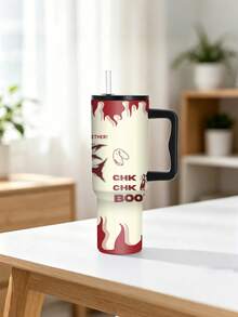 1pc/5pcs 40oz Red Flame CHK BOOM Letter Print Handle Travel Mug, Double-Wall Stainless Steel Large Capacity Cup, Street Style Pattern, Suitable For Office And Road Trips - Multi-color-flame - View 10