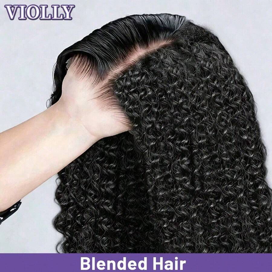 VIOLLY 免膠水 Jerry Curl 巴西捲髮假髮，即戴式初學者友善 5X5 HD 透明蕾絲假髮，180% 密度，預拔髮線與預剪蕾絲封口，自然髮際線與嬰兒髮，真人髮混紡纖維假髮，適合女性日常配戴或派對