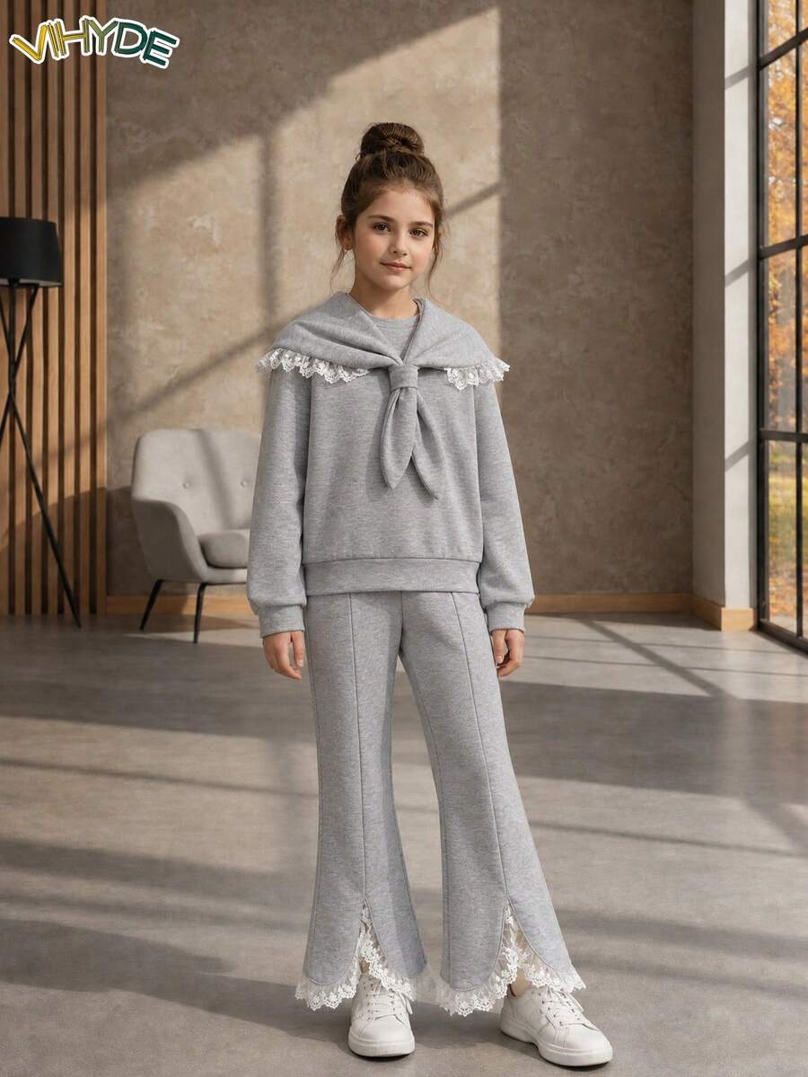 Vihyde Tween Girls Soft And Comfortable Detachable Large Collar Lace Bow Scarf & Sweater & Lace-Stripped Flared Flared Pants Autumn/Winter Three Pieces Set - Light Grey - View 1