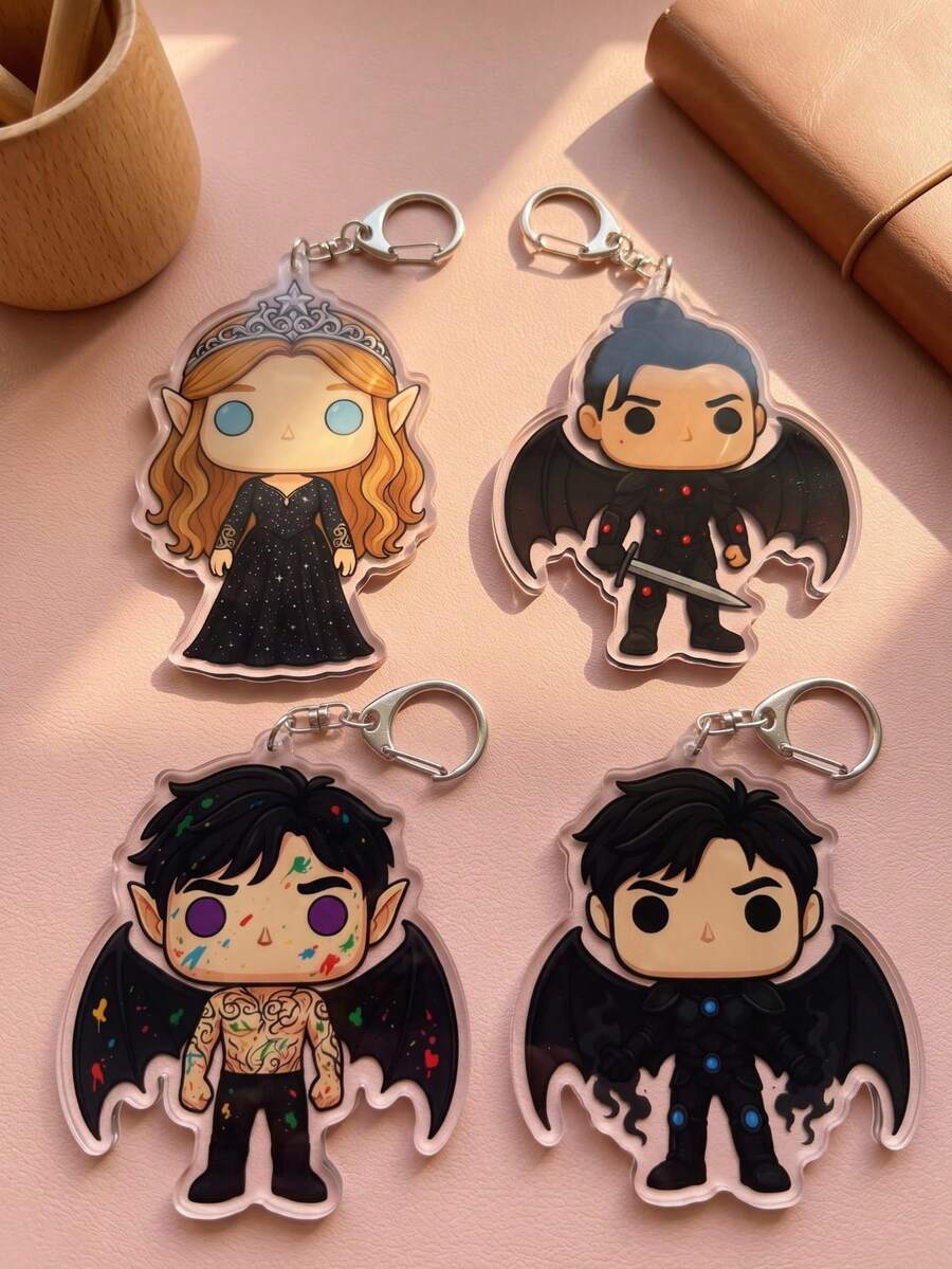 1Pc/4Pcs The Night Court Bat Boys & Feyre Crylic Keychains, Book‑Tok Fantasy Backpack Charms, Book Lover Collectible Gifts - Multicolor - View 1