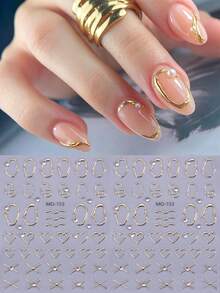 2入 5D 金色現代極簡金屬美甲貼紙，鑲水鑽奢華愛心美甲貼紙，DIY 自黏式美甲貼，女性與女孩美甲用品 - 彩色 - 查看 1