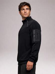CZRLHYT Pullover Rajut Fleece Pria, Atasan Rajut Warna Polos, Pullover dengan Resleting Seperempat, Atasan Lengan Panjang - Hitam - View 3