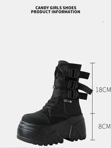 Women's Functional Style Lace-Up Thick Sole Mid-Calf Boots With Chunky Heel, Side Zipper, Punk Hot Girl Fashion Boots - Black - View 5