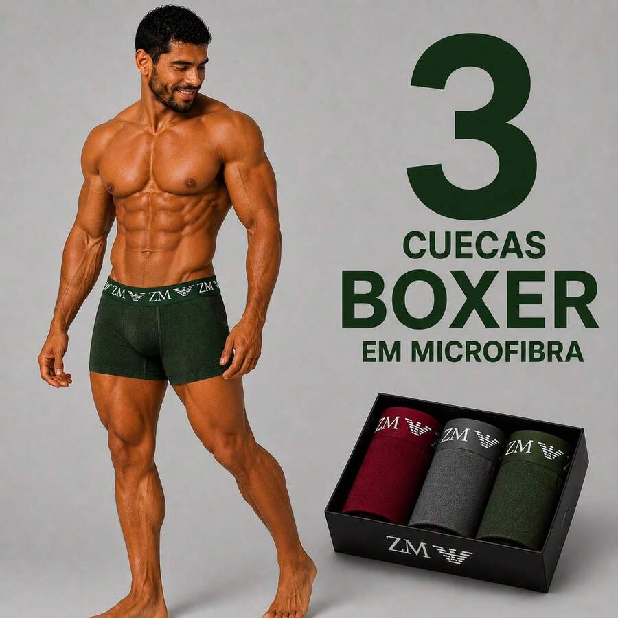 Kit com 3 Cuecas Boxer Lisa em Poliéster Premium Cueca Box Adulto Masculina Conforto e Qualidade