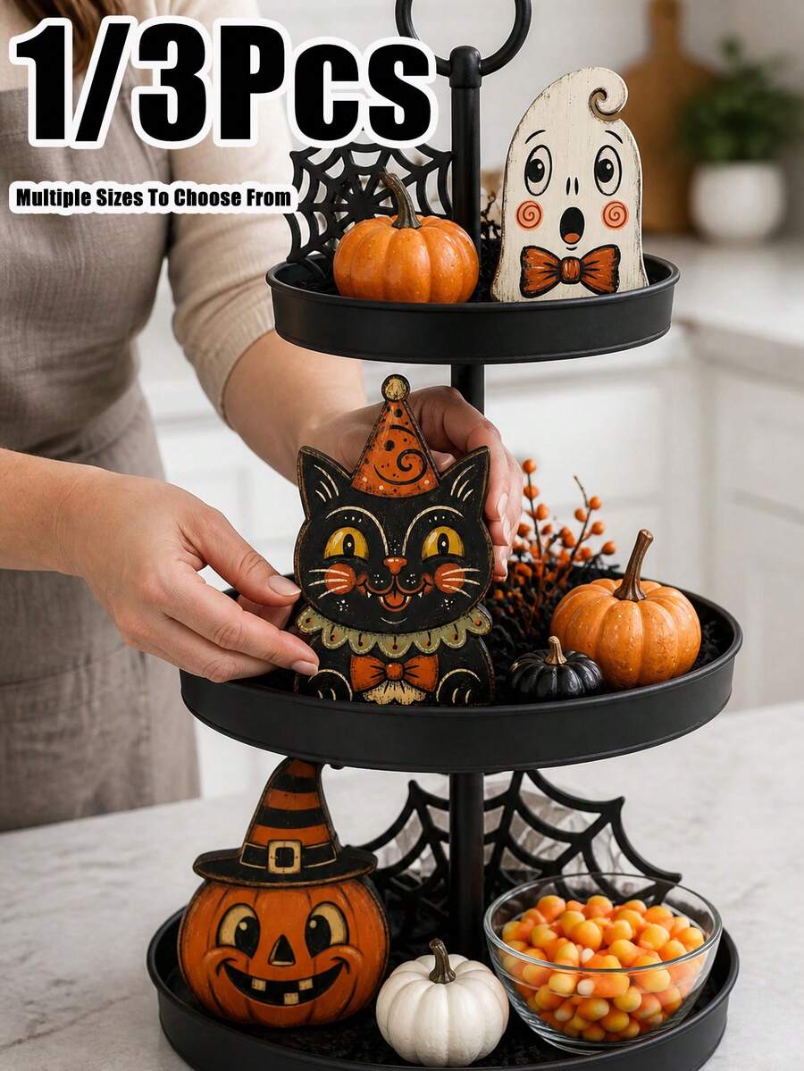 3pcs/1pc Vintage Wooden Halloween Tiered Tray Decor, Ghost Cat Pumpkin Desktop Ornament, Distressed Spooky Farmhouse Style Fireplace Window Sill Indoor Autumn Holiday Decoration - Multi-color - View 1