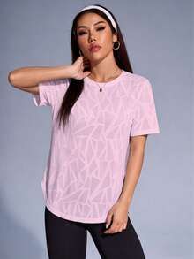 1 buah Kaos Olahraga Desain Patchwork Jala, Potongan Longgar, Kain Nyaman, Desain Patchwork Jala di Bagian Belakang, Kain Jacquard Geometris, Cocok untuk Lari, Kebugaran, Yoga, Pilates dan Aktivitas Lainnya - Berwarna merah muda - View 4