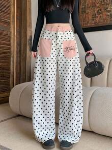 Sweet Cute White Polka Dot Contrast Embroidery Casual Versatile Slimming Curved Leg Wide Leg Jeans - White - View 3