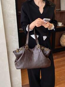 Slouchy Large Capacity Tote Bag For Women, Autumn/Winter Fashion Commuter Shoulder Handbag Underarm Bag - Coffee - View 5