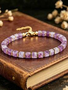 Bohemian Style Amethyst Square Bead Wealth Bracelet, Handmade Natural Gemstone Skin-Friendly Jewelry, Suitable For Different Wrist Sizes, Best Choice For Mother's Day Gift - Purple - View 3