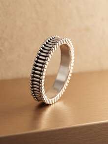1pc Vintage Vertical Striped Beaded Silver Ring, Unisex Jewelry, Suitable For Daily Wear And Gift - Silver - View 4