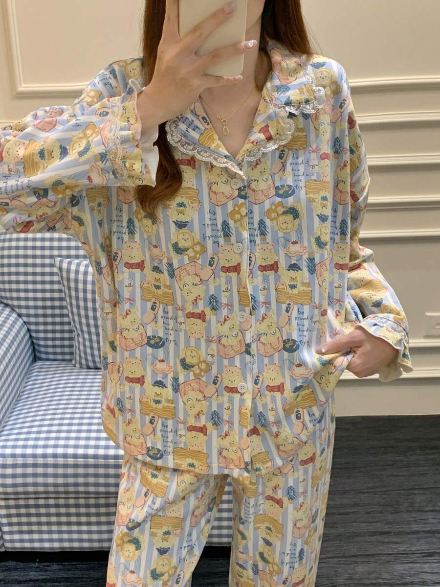 2pcs/Set Women's Pajamas Loungewear Set, Lapel Lace Patchwork Cute Pattern Print Cardigan Long Sleeve Pants, Easy Care Fabric - Multicolor - View 1