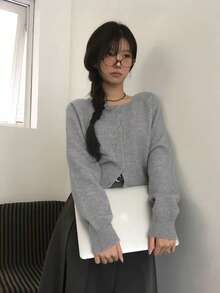 秋冬休閒圓領鈕扣針織開襟衫 - 灰色 - 查看 2