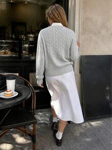 Jaket Kardigan Rajut Kabel Kasual Minimalis Wanita Musim Gugur/Dingin Terbaru - Light Grey - View 2