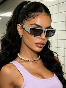 1PC Oversized Versatile Fashion Glasses, Full Frame Y2K Style Women's Personalized Glasses, Suitable For Travel, Vacation, Beach And Other Occasions - Silver - View 2