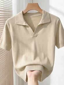 Men's Solid Color Turndown Collar Casual Short Sleeve Knit Top - Khaki - View 1