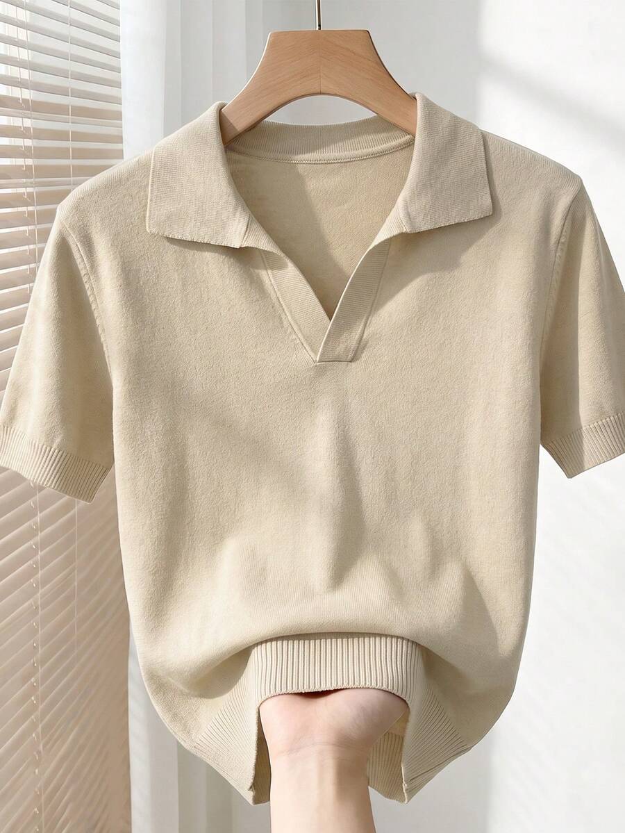 Men's Solid Color Turndown Collar Casual Short Sleeve Knit Top - Khaki - View 1