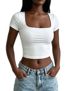 Blazique Kaos Crop Top Lengan Pendek Kerah Persegi, Gaya Minimalis, Cocok Untuk Olahraga Sehari-hari Dan Jalan-jalan Santai, Warna Putih Polos Musim Panas - Putih - View 1