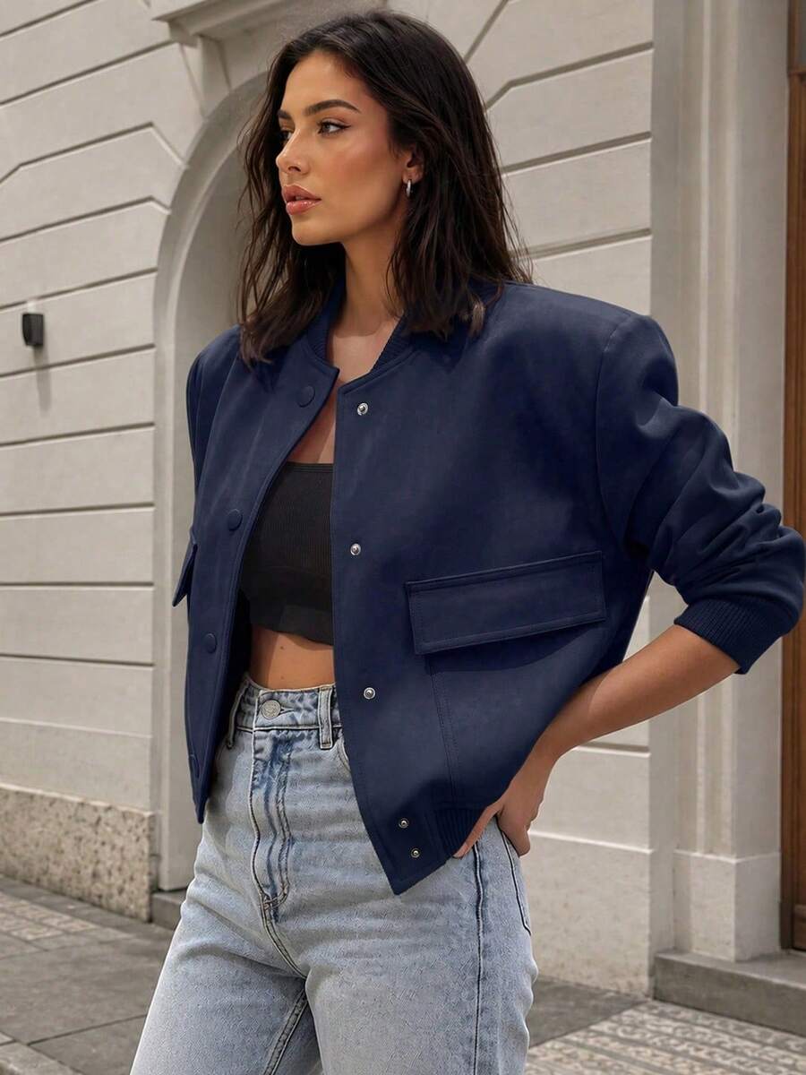Apperloth A Women's Short Bomber Jacket, Flap Pockets, Button Front, Lightweight Loose Baseball Collar Coat Spring - Navy Blue - View 1