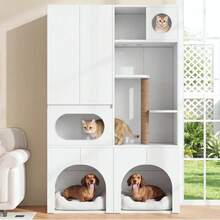 Cat Tree With Cat Mat, Cat Furniture, Pet Cabinet With Rattan Drawer, Pet Sideboard/TV Stand, No Cat Box, White, 120x50x65 - Tall Cabinet,140*45*195 cm - View 1