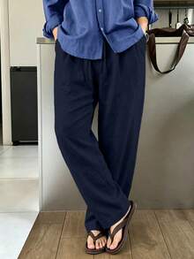 Men's Linen Straight Leg Casual Pants, Spring/Summer Thin Breathable Versatile Solid Color Drawstring Loose Long Pants, Black - Navy Blue - View 2