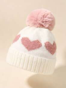 1pc Baby Girl Newborn Toddler Pom-Pom Heart Beanie Hat Earflap Hat,Cozy Knit Winter Warm Heart Cute Hat For Kids, Outdoor Baby Accessories Bonnet - Multicolor - View 11