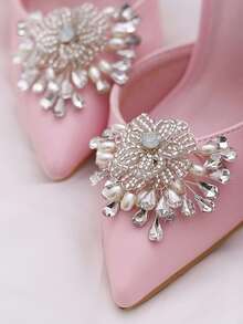 1pc Handmade Beaded Flower Pearl Rhinestone Luxury Shoe Clip, Detachable/Bridal Wedding Shoe Decor/High Heel Accessory, Same Style For Left And Right Feet - Silver - View 4