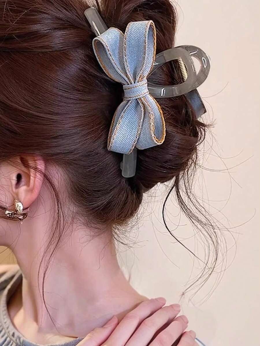 مشبك شعر جديد بتصميم فيونكة من الدنيم الأزرق الشفاف الرمادي، مشبك مخلب للشعر، إكسسوار شعر للنساء - متعدد الألوان - مشاهدة 1