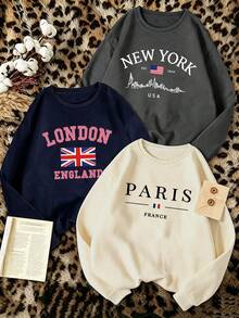 3pcs - Sweatshirt Kasual Wanita Terbaru dengan Kerah Bulat dan Hem Rajut Bergaris, Menampilkan Desain Cetak Gaya Kampus, Memancarkan Energi Muda. - MultiWarna - View 1