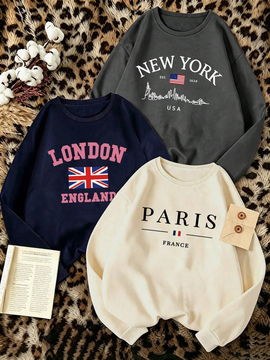 3pcs - Sweatshirt Kasual Wanita Terbaru dengan Kerah Bulat dan Hem Rajut Bergaris, Menampilkan Desain Cetak Gaya Kampus, Memancarkan Energi Muda. - MultiWarna - View 1