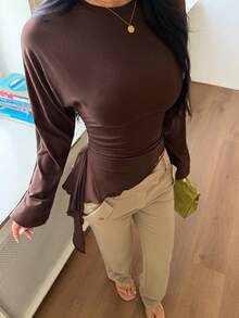 Women's Round Neck Long Sleeve T-Shirt, Asymmetrical Ruffle Side Tie Waist, Slim Fit, Cropped Top - Brown - View 3