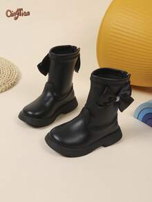 1 Pair Girls' Bow & Rhinestone Decor PU Leather Mid-Calf Boots, Round Toe Back Zipper Thick Flat Sole, Sweet Princess Style Girls' Short Boots, Suitable For Autumn/Winter Daily Wear And Holiday Party Occasions - Black - View 8