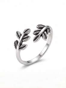 1pc Vintage Silver Olive Leaf Open Ring, Adjustable Unisex Finger Ring, Suitable For Daily Wear And Gift - Silver - View 6