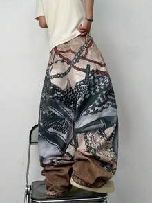 Justice Brother 1pc American Street Style Personalized Multi-Color Digital Print Men's Denim Jeans Fashion Loose Wide Leg Pants All Season Versatile Long Pants (Belt/Accessories Not Included) - Multicolor - View 2
