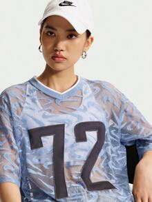 Nike Women's AS W NK CHILL WVN LACE JERSEY Short Sleeve T-Shirt Knit Collarless Short TIM8388-486 - Baby Blue - View 3