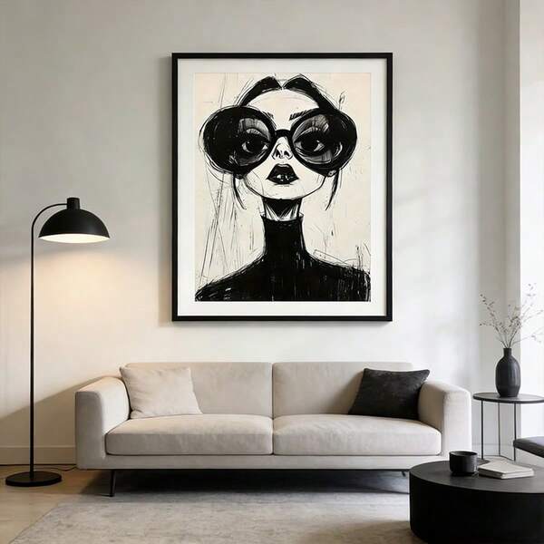 A Minimalist Black And White Character Scan Style Canvas Art Poster, Bedroom Illustration Hanging Painting, Modern Living Room Sofa Background Wall Decoration Painting Niche Painting, Room Decoration Hanging Painting,