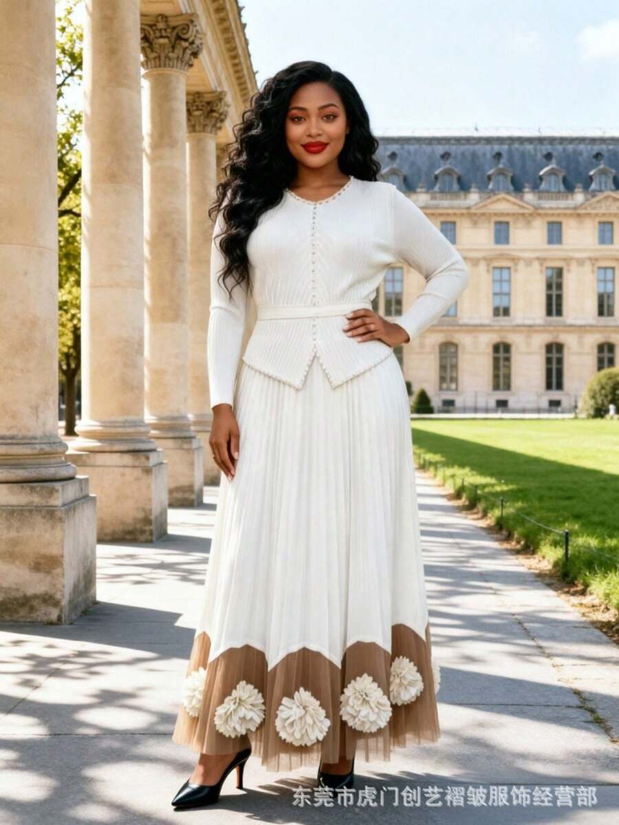 Grey Rose Miyake Miyake African Fashion Plus Size Women's Three-Dimensional Flower Color Matching Nail Diamond Elegant Dress For Women - White + One Size Fits All 80/160 - View 1