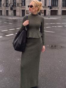 Autumn/Winter New Semi-High Neck Waist-Cinching Ruffle Hem Knit Top + Bodycon Long Skirt Vintage Slimming Two Pieces Set, Convenient Outfit With Fall - Olive Green - View 10