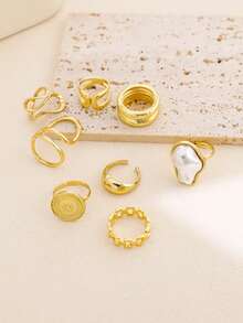 8Pcs/Set Vintage Elegant Faux Pearl Rings Set For Women Irregular Geometric Finger Rings Party Wedding Jewelry Accessories - Yellow Gold - View 5