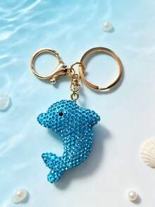 Full Rhinestone Blue Dolphin Keychain, Cute Crystal Fish Bag Charm, Car Key Pendant Accessories For Women - Blue - View 7