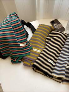 1pc Rainbow Striped Casual Polyester Knitted Scarf, Warm And Skin-Friendly For Autumn/Winter, Perfect Gift For Girlfriend Or Best Friend, Suitable For Outdoor Wear - Multicolor - View 3