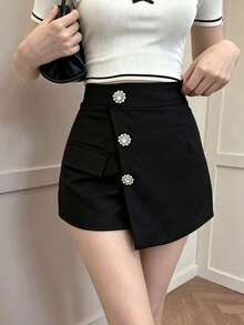 Vintage Design Asymmetrical A-Line Niche Button Low Waist Casual Slimming Wide Leg Skorts Black Summer - Black - View 2
